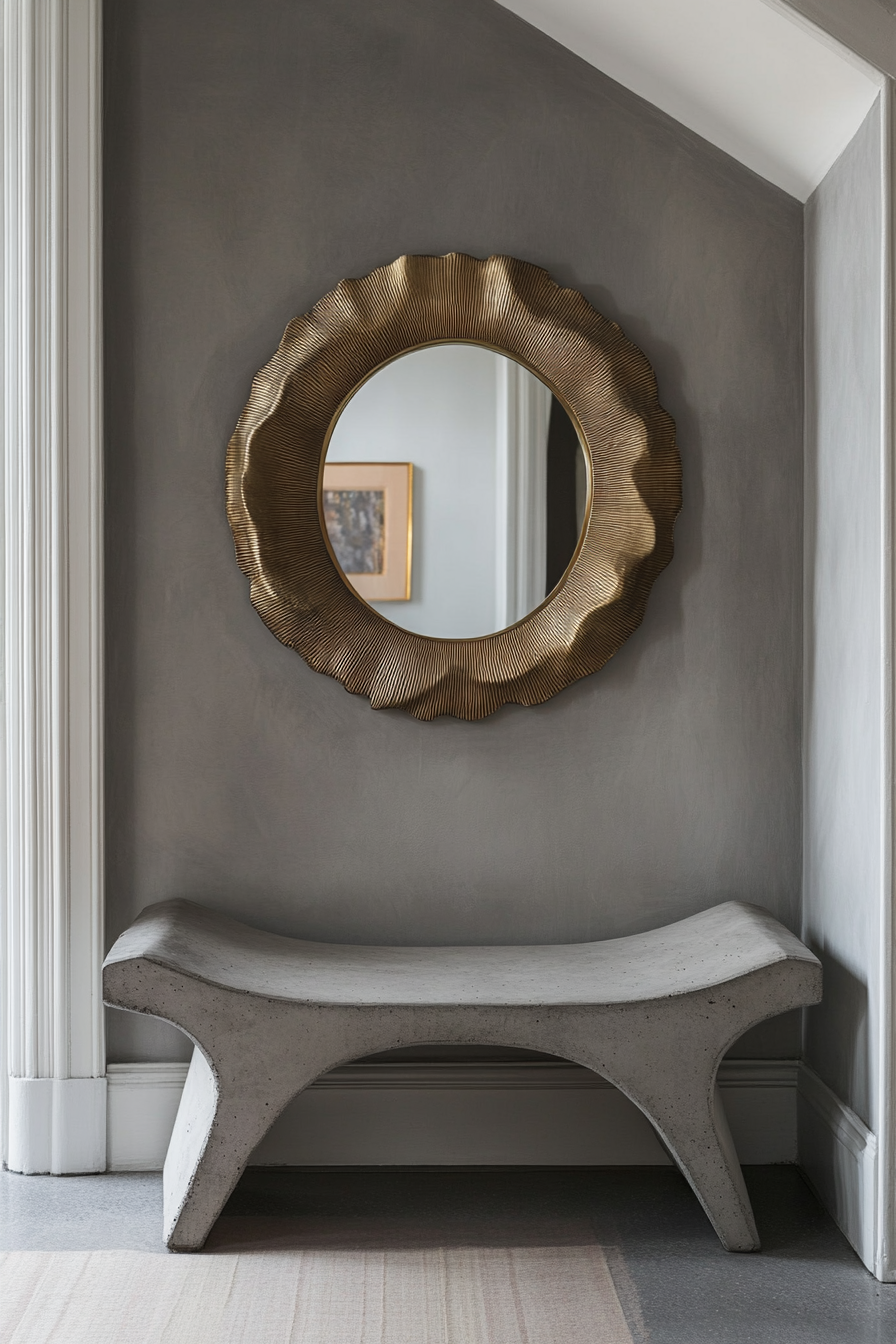 Entryway design. Brutalist concrete bench with Art Deco brass mirror.