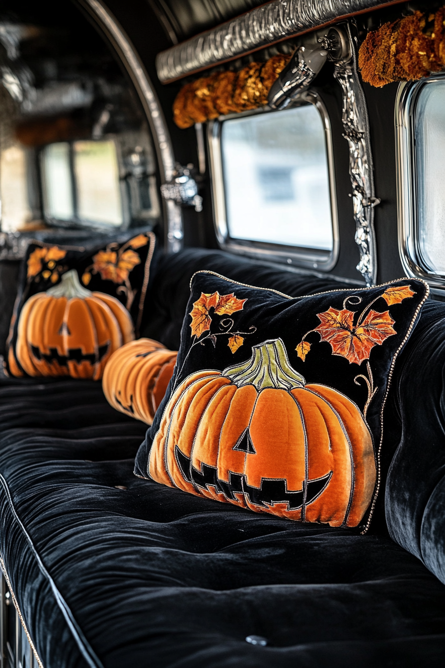 Halloween-Chic RV Interior. Black velvet couch with pumpkin themed cushions.