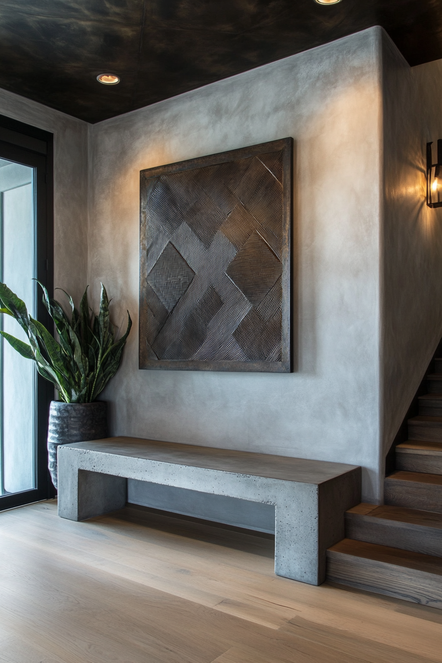 Entryway design. Concrete bench, bronze geometric wall art and high ceiling.