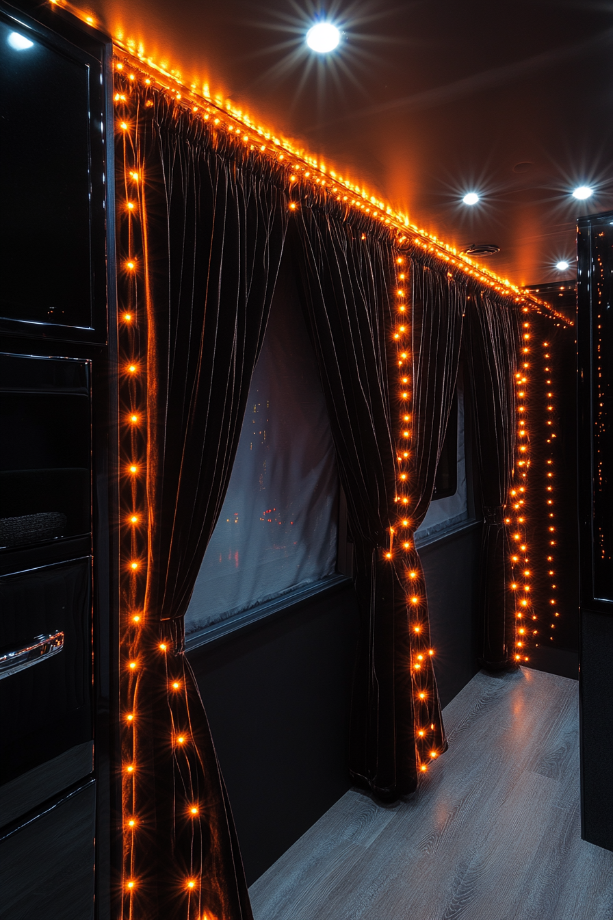 RV Interior. Black velvet curtains with orange LED string lights.