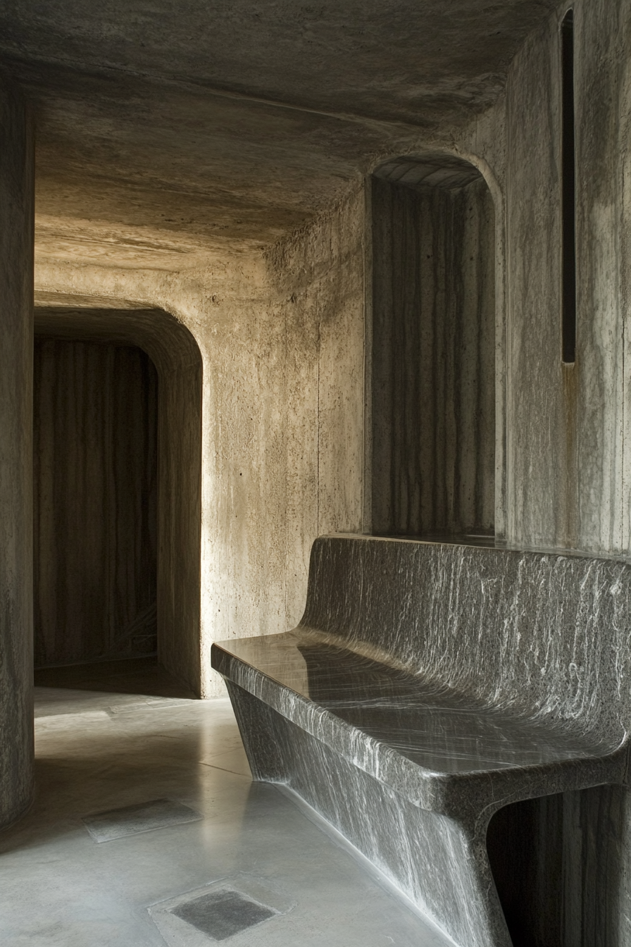 Brutalist-Art Deco entryway. Cold steel bench with concrete-panelled walls.